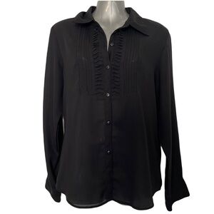 Black Sheer Blouse Button Up Ruffled Front with Pleats